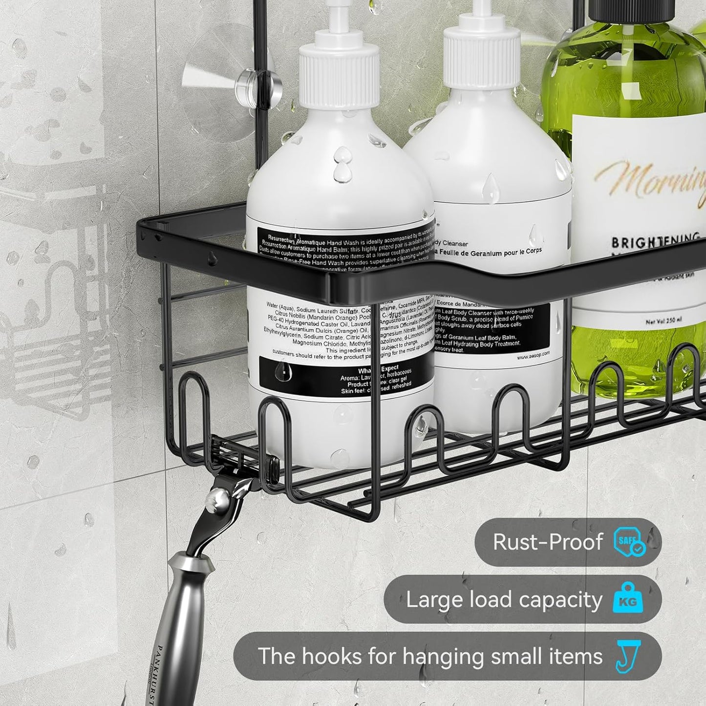 BYT Shower Caddy Hanging, Organizer Hanging for Bathroom, Shower Basket with Hooks, Shower Storage, Shelf, Rack No Drilling for Faucet or Cross Bar (Black)