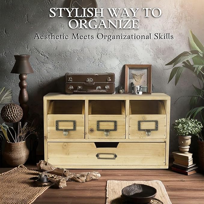 Flexzion Apothecary Cabinet with 4 Drawers - Vintage Natural Wood Desktop Organizer for Home & Office Supplies - Tabletop Wooden Storage for Catalog, Card, Jewelry, Makeup, Craft & Tools