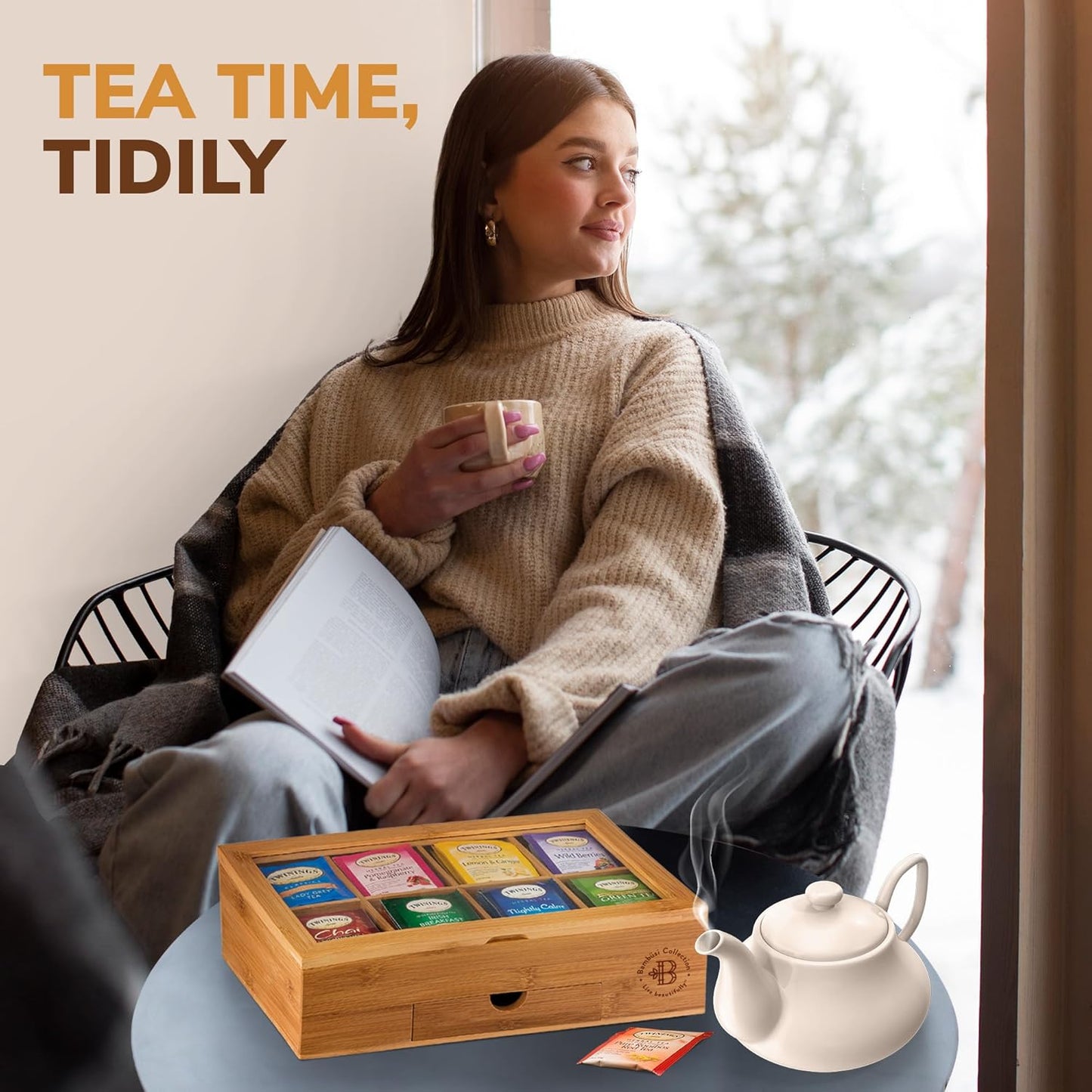 Bambüsi Personalized Tea Organizer - Engraved Bamboo Tea Box, 8 Compartments, Acrylic Window, Magnetic Lid - Unique Gift for Tea Enthusiasts