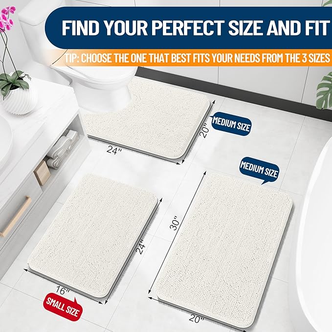 OLANLY Bathroom Rugs 24x16, Extra Soft Absorbent Chenille Bath Rugs, Rubber Backing Quick Dry, Machine Washable Bath Mats for Bathroom Floor, Tub and Shower, Home Decor Accessories, Ivory