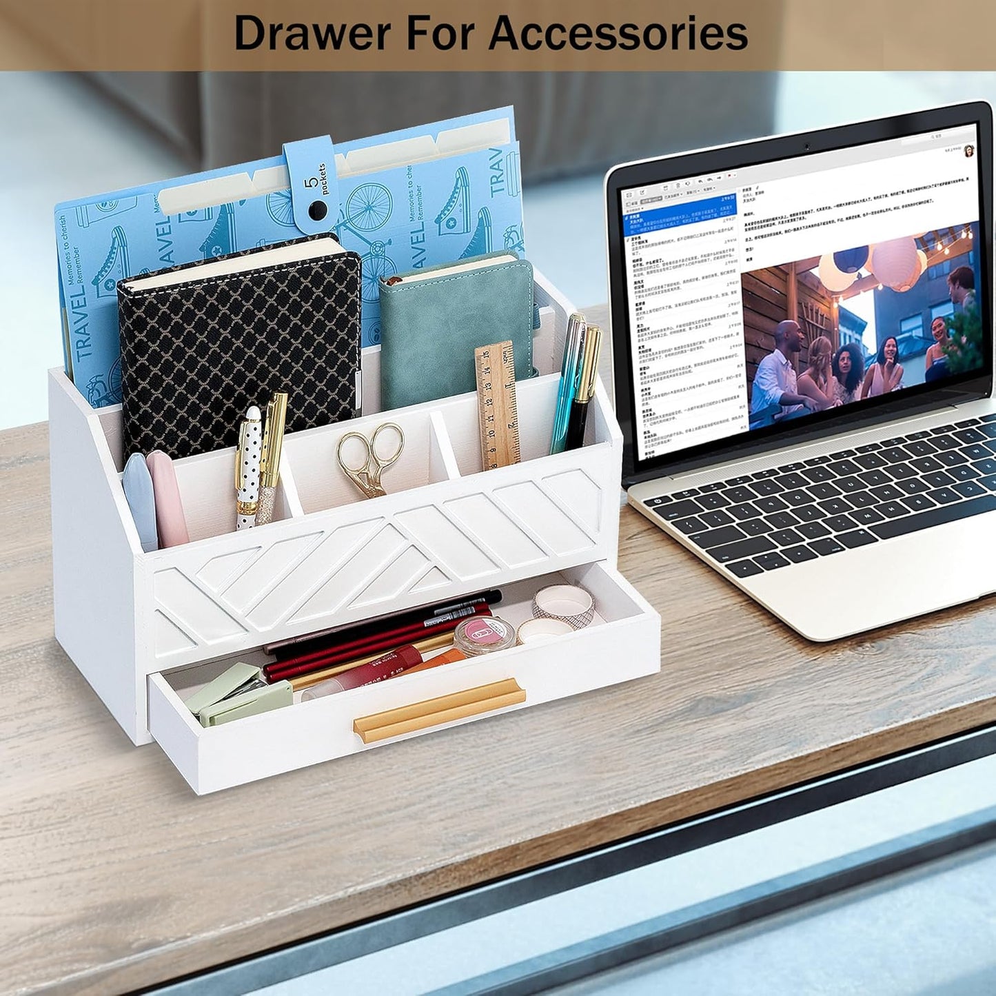 white Wood Desk Organizer and Accessories with Drawer, Bill Mail Organizer and File Mail Holder for Office Supplies, Modern Desk Accessories & Workspace Organizers for Desk Organization