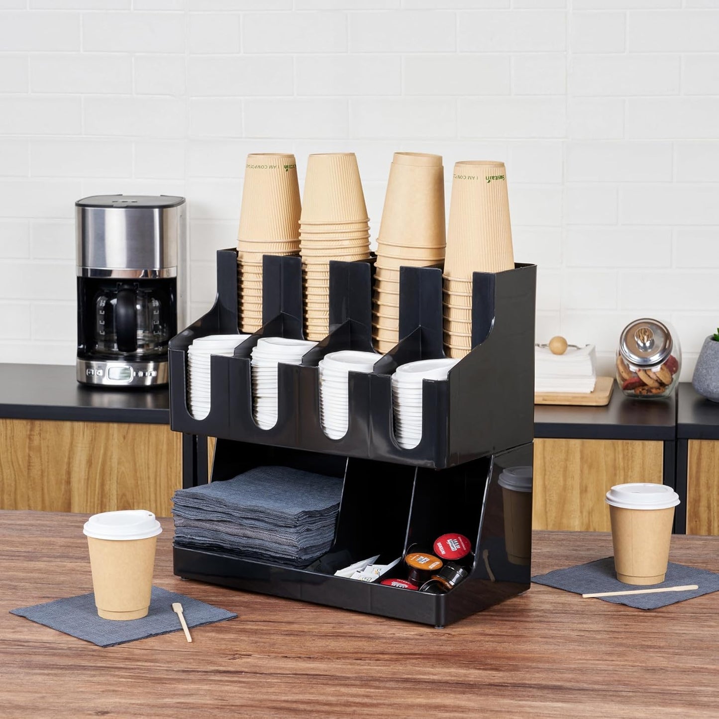 Restaurantware Restpresso Coffee Bar Organizer, 1 Count Durable 11 Compartments, Compact Size, Black Plastic Tabletop Coffee Supplies Organizer For Homes, Office Spaces, Breakrooms, and Lounges