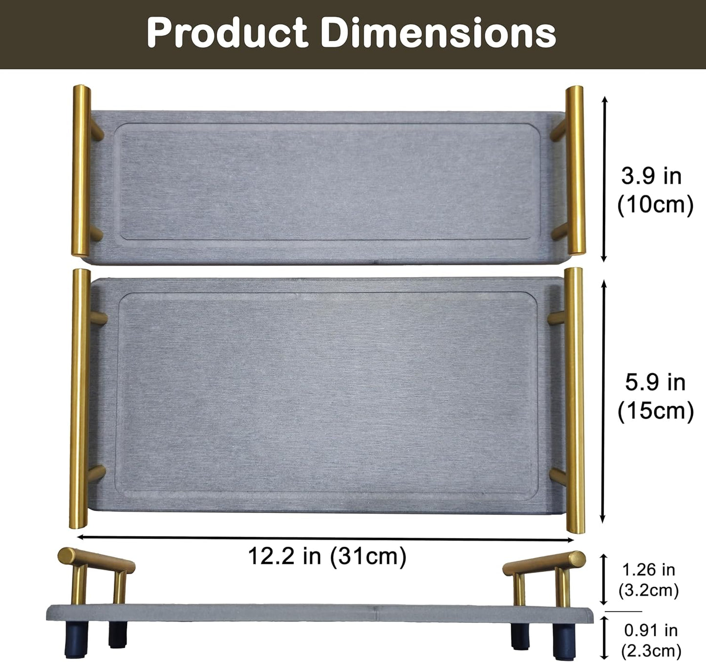 2Pcs Instant Dry Sink Caddy, Water Absorbent Diatomite Tray for Sink, Stone Drying Tray with Metal Handle, Keeping Kitchen and Bathroom Tidy and Clean (Dark Grey & Gold Handle, Large & Small)