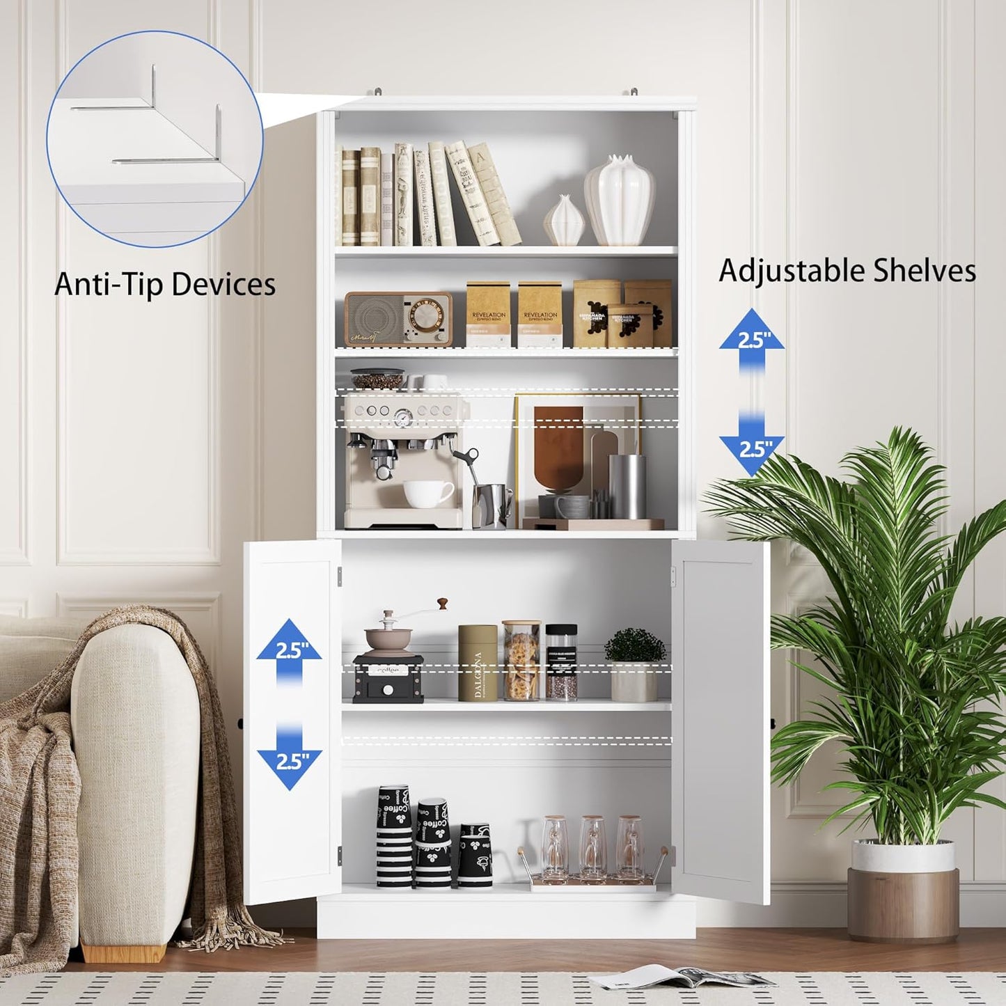 71.4" Tall Bookshelf with Cabinet, 5-Tier Floor Standing Bookcase with Doors & Adjustable Shelves, 31.5" Wide Storage Shelf, Metal Handles, Modern Organizer for Home Office, Living Room