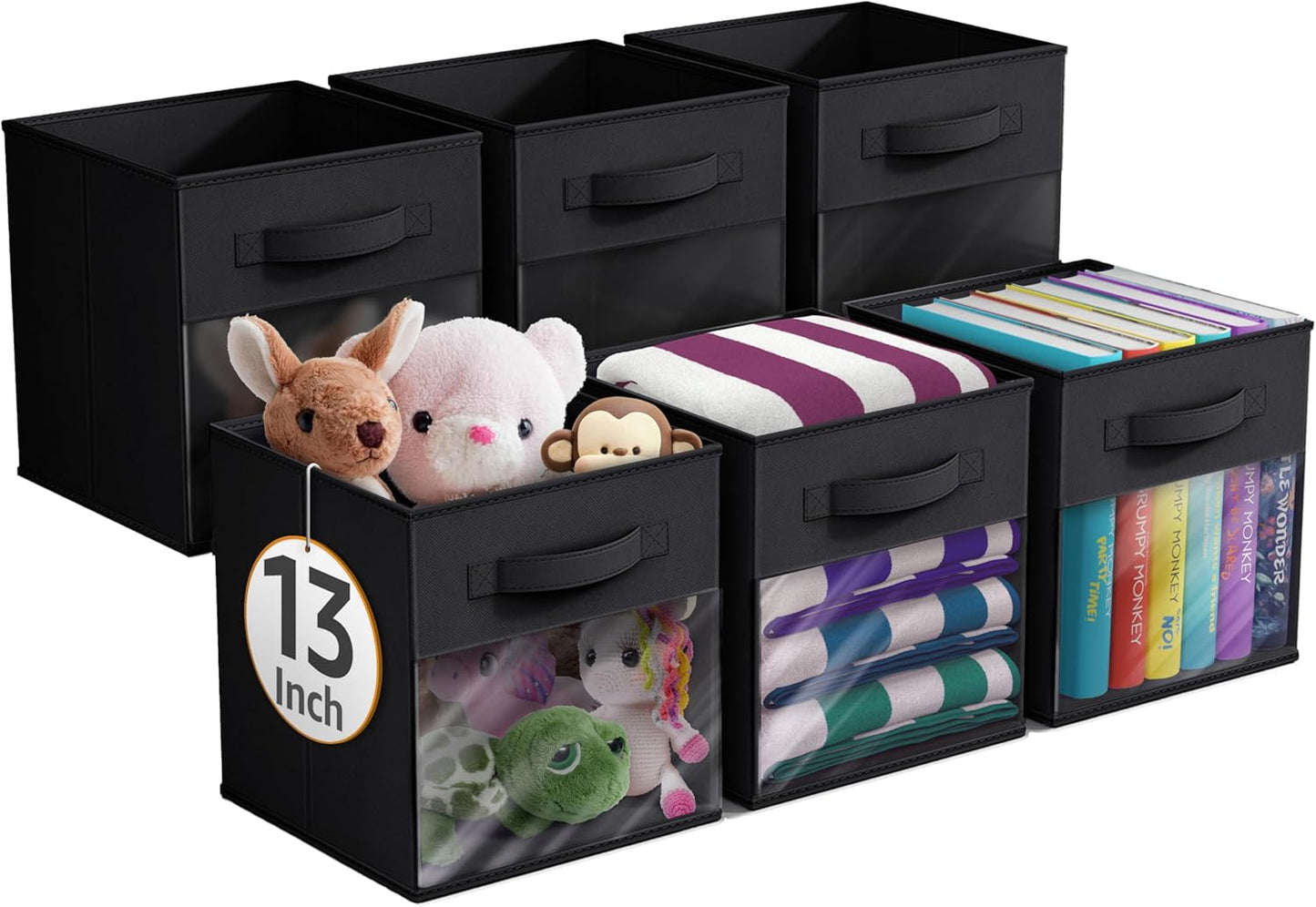 Sorbus 13 Inch Storage Bins with Clear Window - 6 Foldable Baskets for Organizing Clothes, Toys, Books - Sturdy Collapsible Fabric Storage Cubes with Handle - Storage Baskets for Shelves, Closets