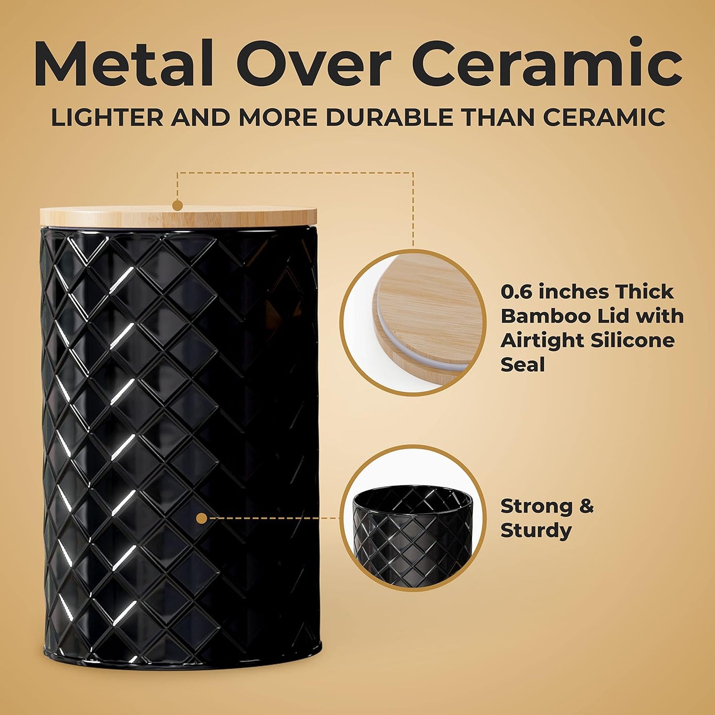 Pebble & Stem® Black Metal Canister Set for the Kitchen Counter, Food Canister Set of 4, Airtight Lids, Sugar and Flour Containers for Countertops, Coffee and Tea Storage, Farmhouse Decor