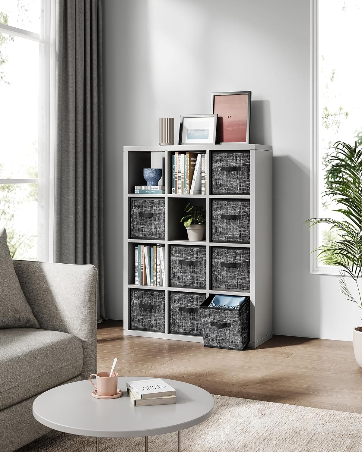 SONGMICS Storage Cubes, 10.2 x 10.2 x 11 Inches Non-Woven Fabric Bins with Double Handles, Set of 8, Closet Organizers for Shelves, Foldable, for Clothes, Ink Black UROB826B01