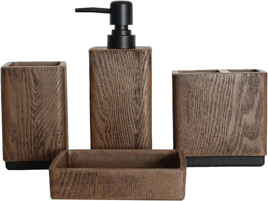 Hymmah Wood Grain Design Bathroom Accessories Set,Farmhouse Bathroom Decor,4 Pcs Resin Gift Set Apartment Necessities, Contain Cotton Swab Jar,Soap Dispenser,Tumbler，Soap Dish/Tray