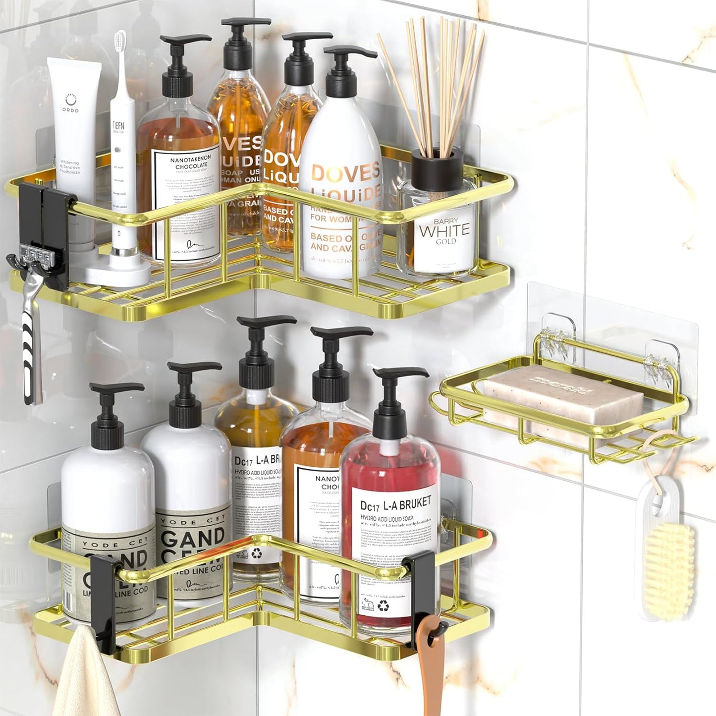YASONIC Shower Caddy Corner, 3-Pack Adhesive Rustproof Stainless Steel Shower Shelves with Soap Holder, No Drilling Shower Organizer Corner for Dorm, Renters Bathroom, Gold