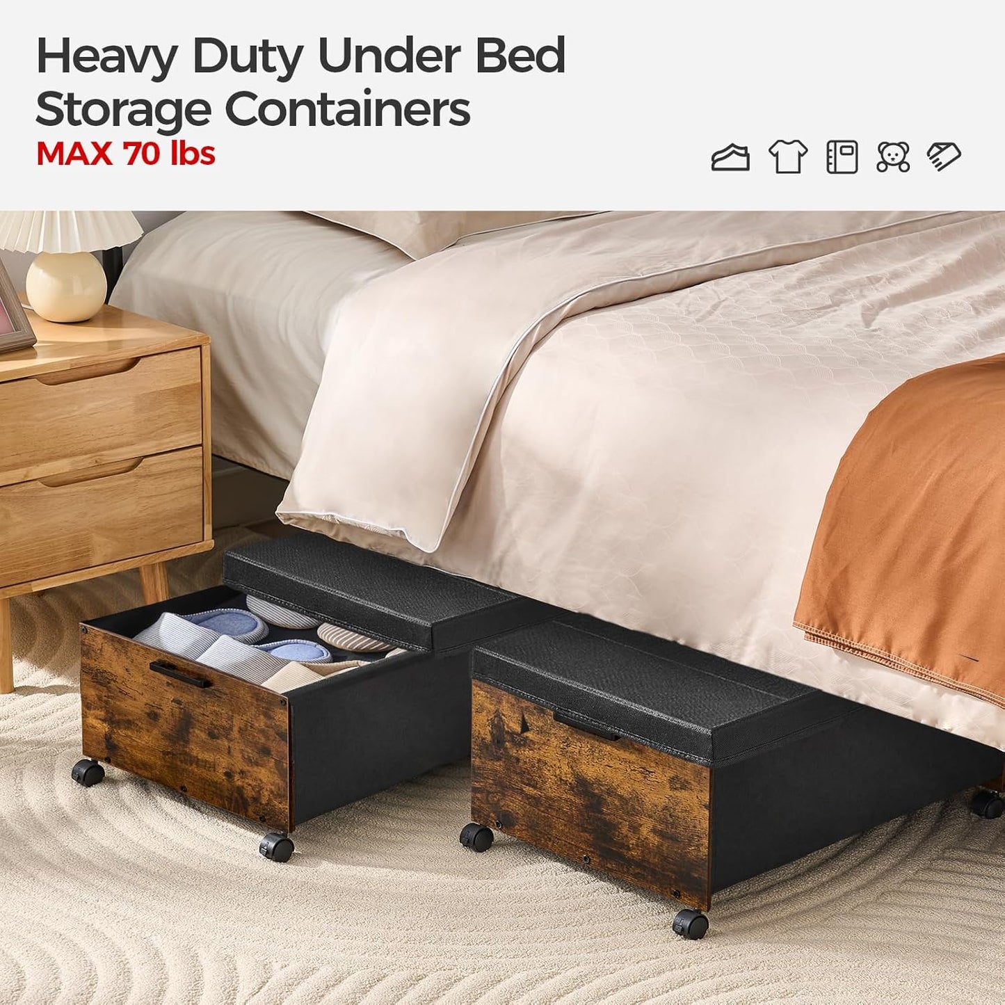 Under Bed Storage with Wheels,Under Bed Drawers Heavy Duty, 2 Packs, Wooden Under Bed Storage Containers Organizer, Metal Frame, Patented Design