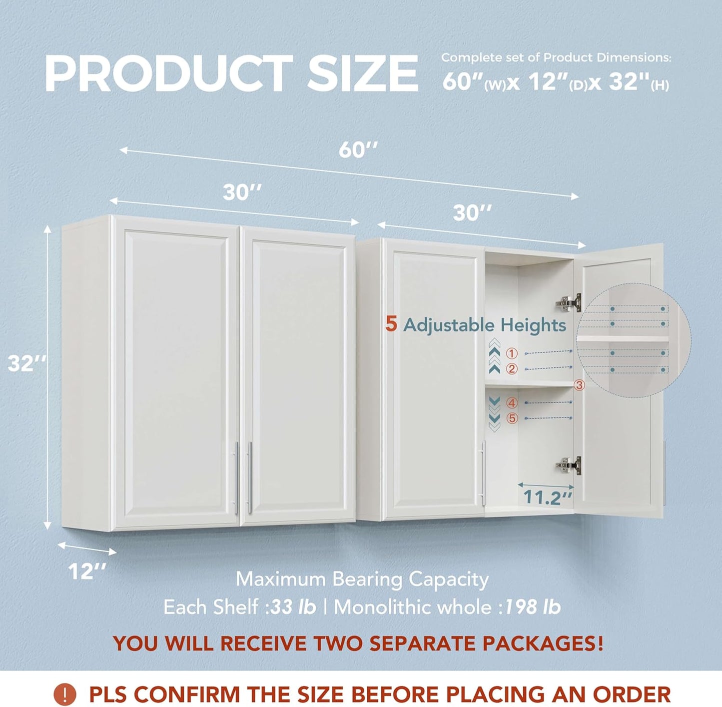 60" W Laundry Room Wall Cabinet with Adjustable Shelf,Wall Mounted Kitchen Cabinets with Two Shaker Doors,Upper Storage for Laundry Room, Bathroom, Kitchen