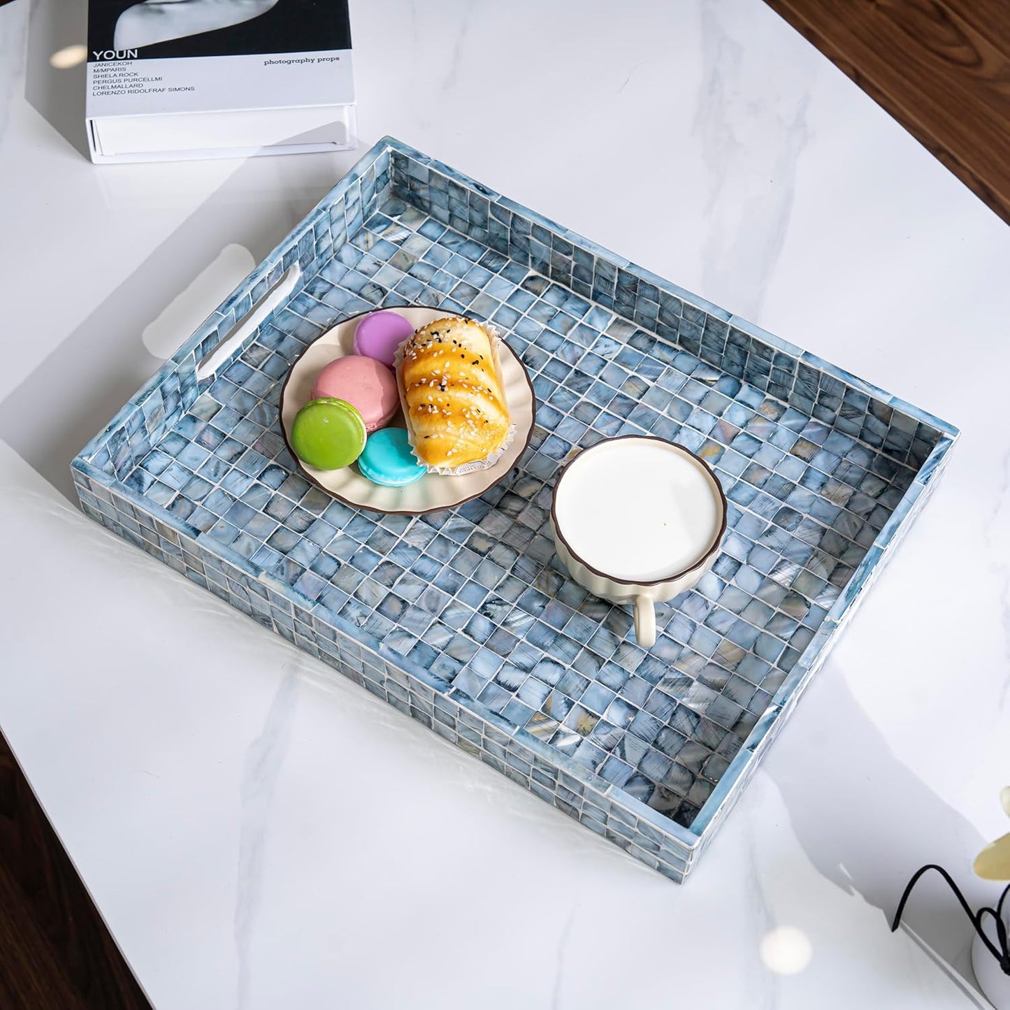 PEMAR Rectangular Mother of Pearl Serving Tray Nacre Wood Lap Ottoman Tray for Coffee Table, Luxury Decorative Handmade Eating Platters w Insert Handles (Blue)