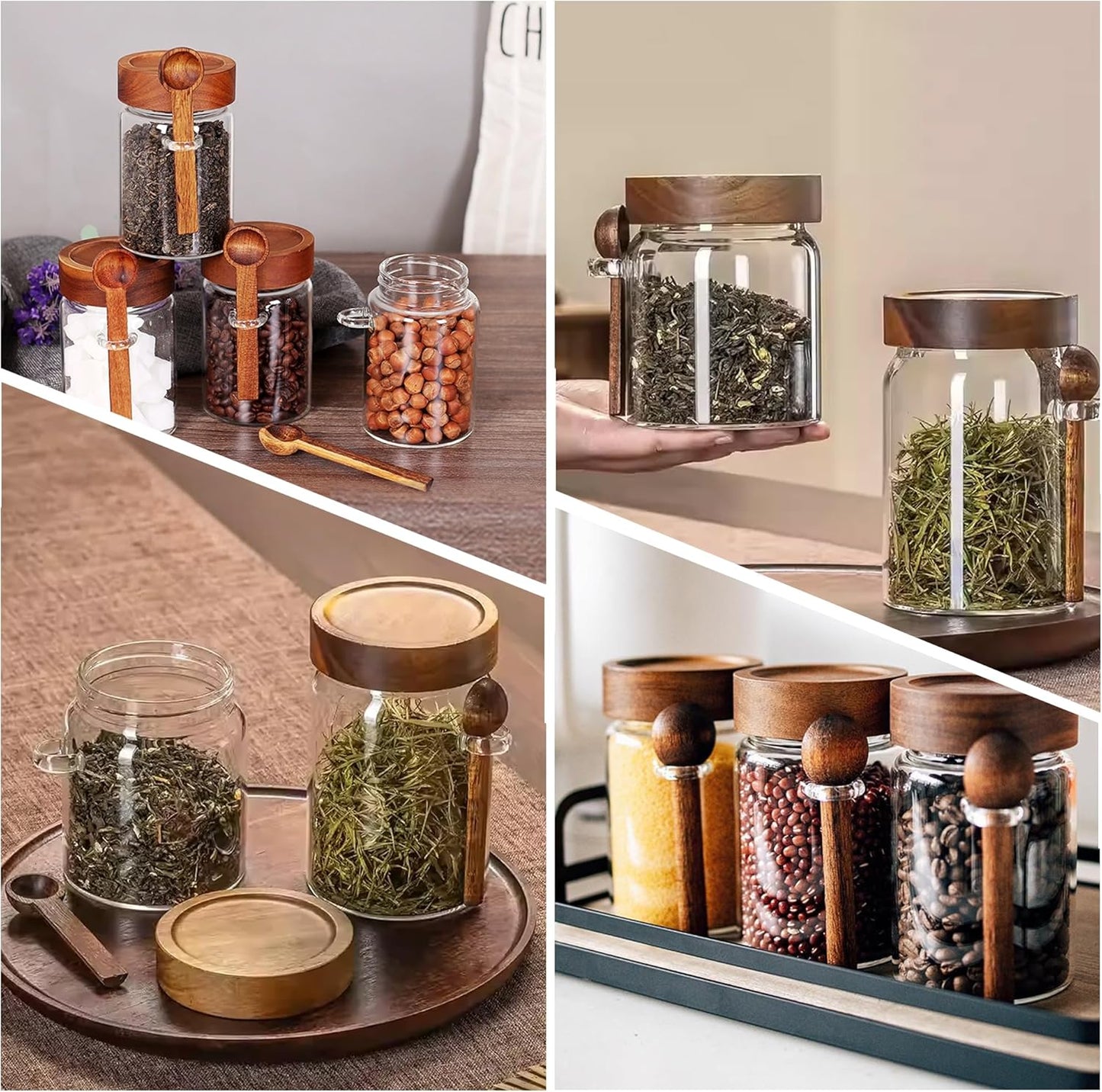 15 oz/450 ml Glass Storage Canister with Airtight Wooden Lid, Clear Small Decorative Container Jar with Spoon for Salad Overnight Oats Snacks Yogurt Cereal Fruit Spice Sugar Coffee Candy Salt