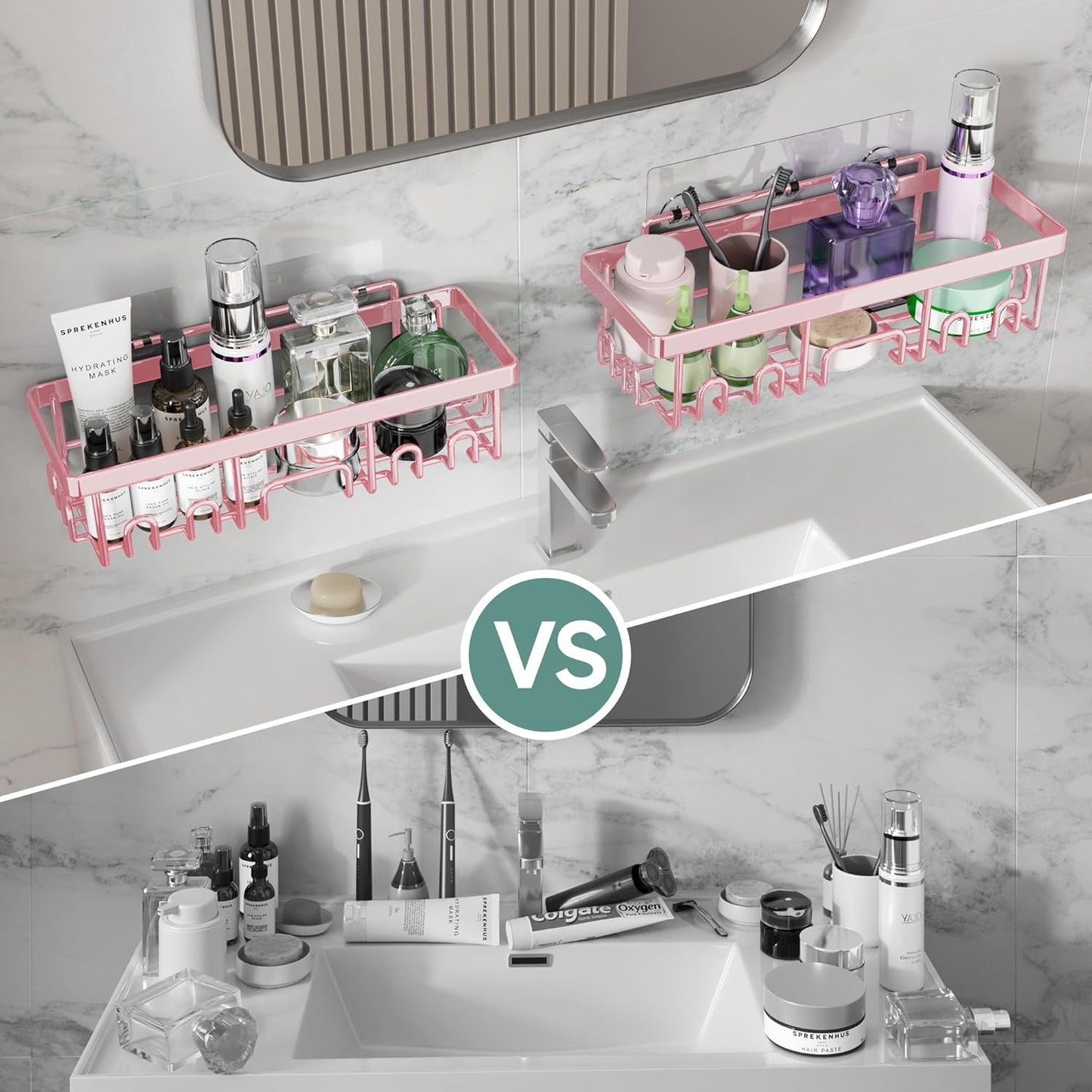 Veken Large Capacity Shower Caddy 6-Pack, No Drilling & Rustproof, Adhesive Shower Shelves with Soap Holder, Bathroom Organizers and Storage, Wall-Mounted Kitchen & Home Decor, Pink