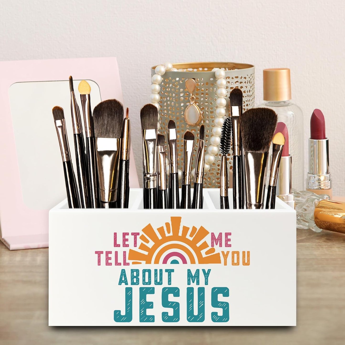 Boho Jesus Christian Pen Pencil Holder Organizer for Desk, Let Me Tell You about My Jesus Bible Verse Wooden Box Signs Decorations for Home Office Desk Tabletop
