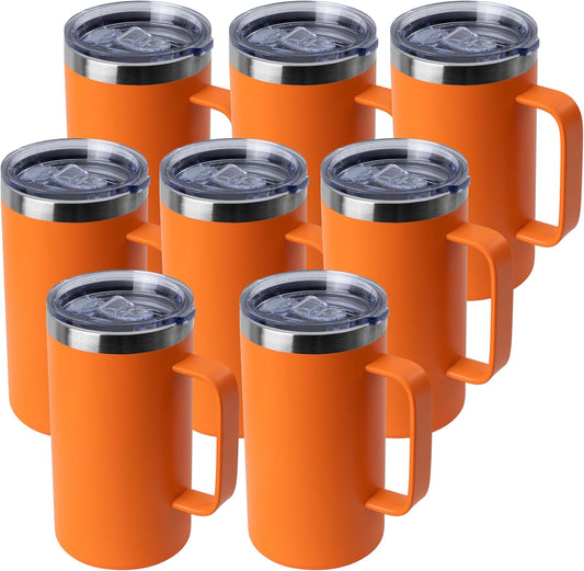 DOMICARE 24oz Mug with Handle and Lid, Stainless Steel Coffee Mug, Travel Mug with Handle, Double Wall Vacuum Coffee Tumbler, Reusable Insulated Cup, Orange, Pack 8