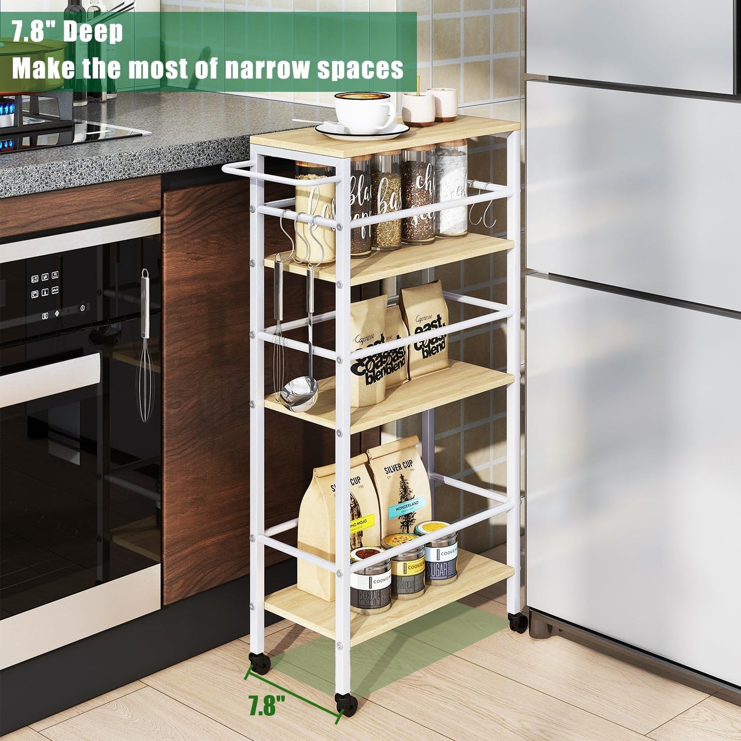 IBUYKE 7.8" Slim Rolling Cart,4 Tier Metal Kitchen Laundry Storage Cart,Industrial Narrow Utility cart,Trolley with Handle and Wooden Tabletop,for Kitchen, Living Room,Bathroom,Natural UTMJ065R