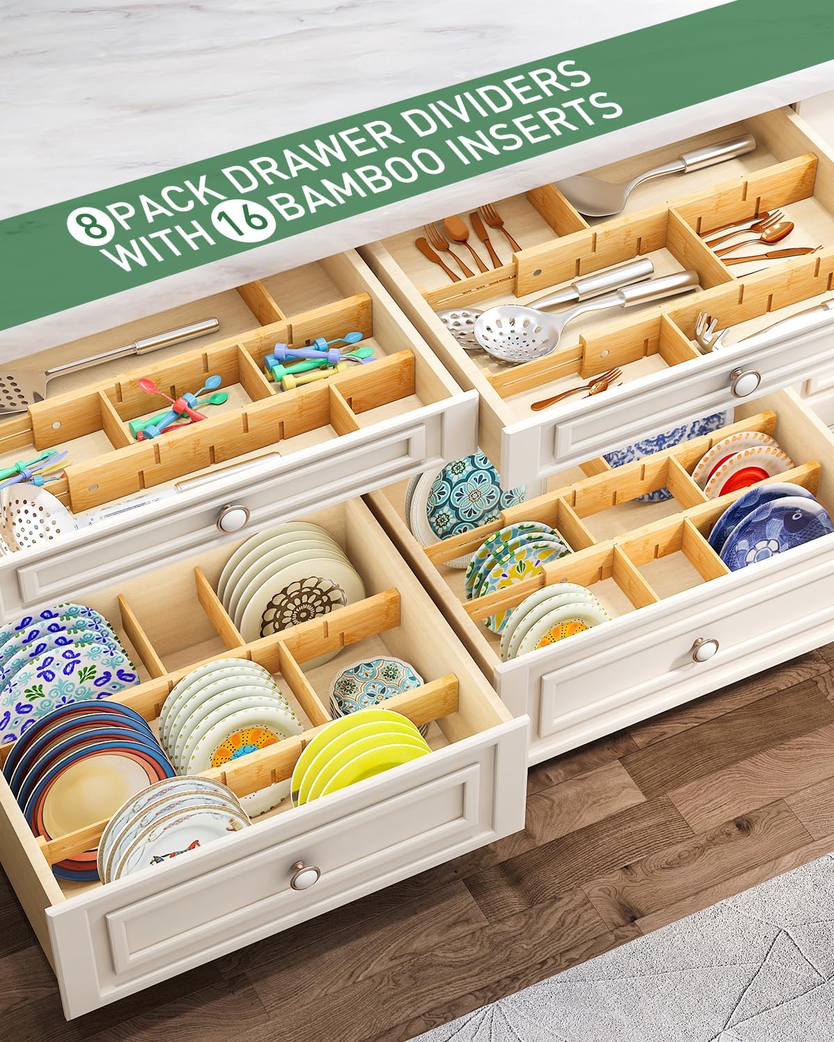 Bamboo Drawer Dividers - Adjustable Drawer Dividers for Clothes, Kitchen, Closet & Office - 8 Pack with Inserts, 18-22.6 Inches, Non-Slip Silicone Ends