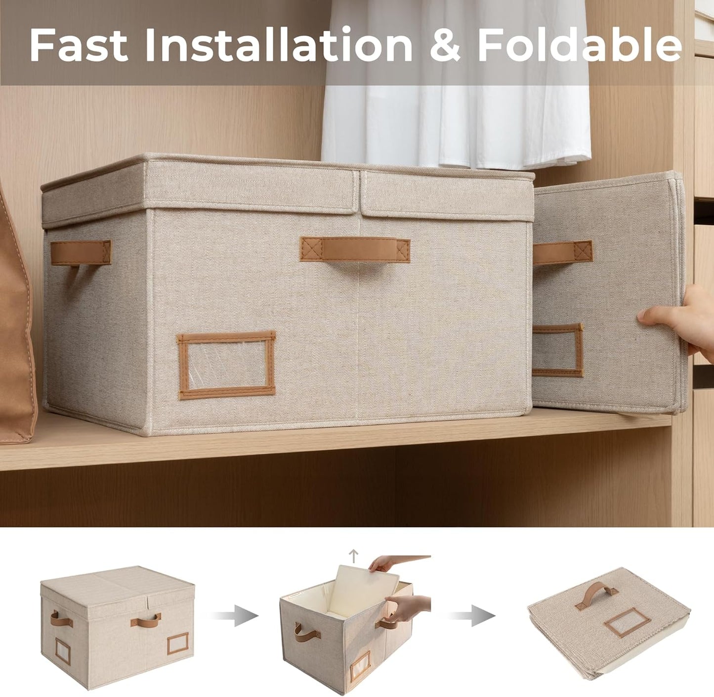 StorageWorks Large Clothes Storage Bins, Fabric Boxes with Divider Board, Baskets for Clothes, Linen Closet Organizers with Lid, Mixing of Brown & Beige, 2-Pack