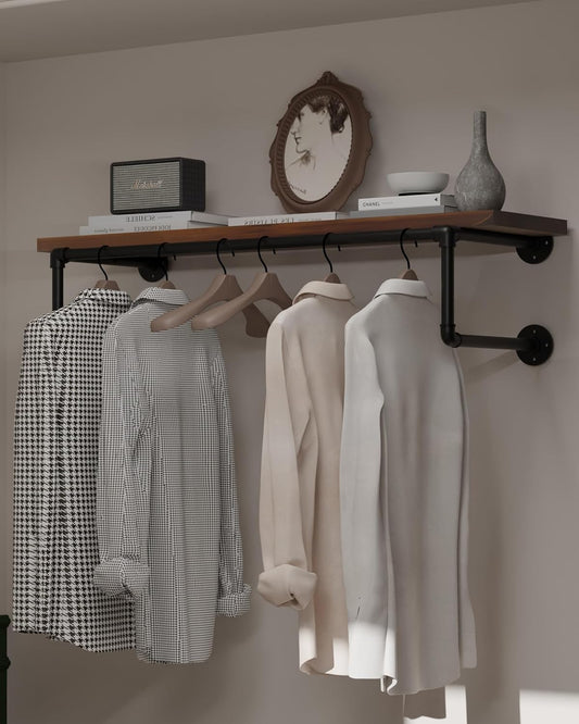 Clothes Rack 36in, Wall Mounted Garment Racks with Real Walnut Wood Shelf, Heavy Duty Hanging Clothes Rack, Multi-Purpose Hanging Rod, Space-Saving Closet Storage