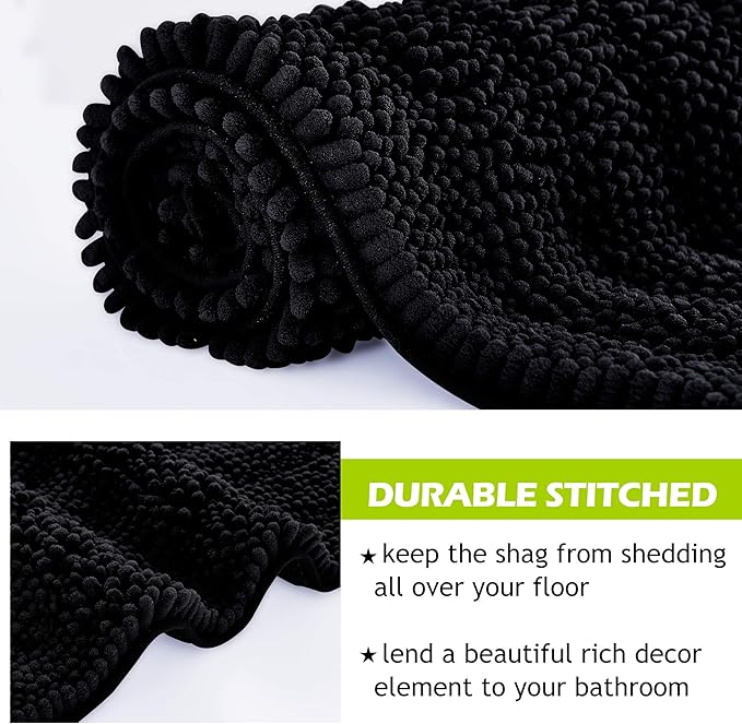 KGORGE Black Bath Mat - Large Soft Bathroom Rugs Non-Slip Thick Shaggy Floor Cover Water Absorbent Quick Drying Shower Carpet for Toilet Kitchen Door Way, 60" x 24", 1 Pc