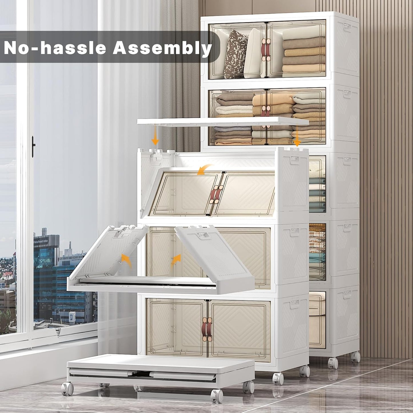 Extra Large Stackable Storage Bins with Lids & Wheels & Door, 560QT-112QT/28GAL*5Pack Foldable Collapsible Closet Organizers, Plastic containers drawers for bedroom Dorm