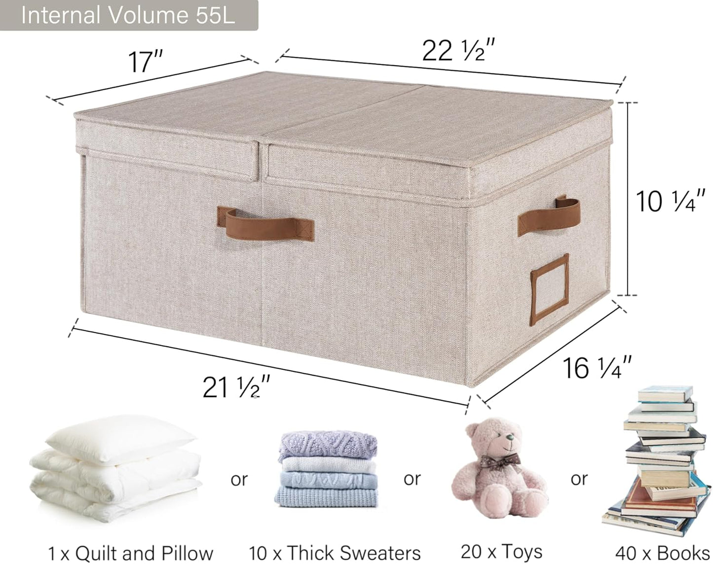 StorageWorks Extra Large Storage Bins with Lids, 55L Decorative Organizer with Divider Board, Fabric Boxes with Handles, Mixing of Brown & Beige, 2-Pack