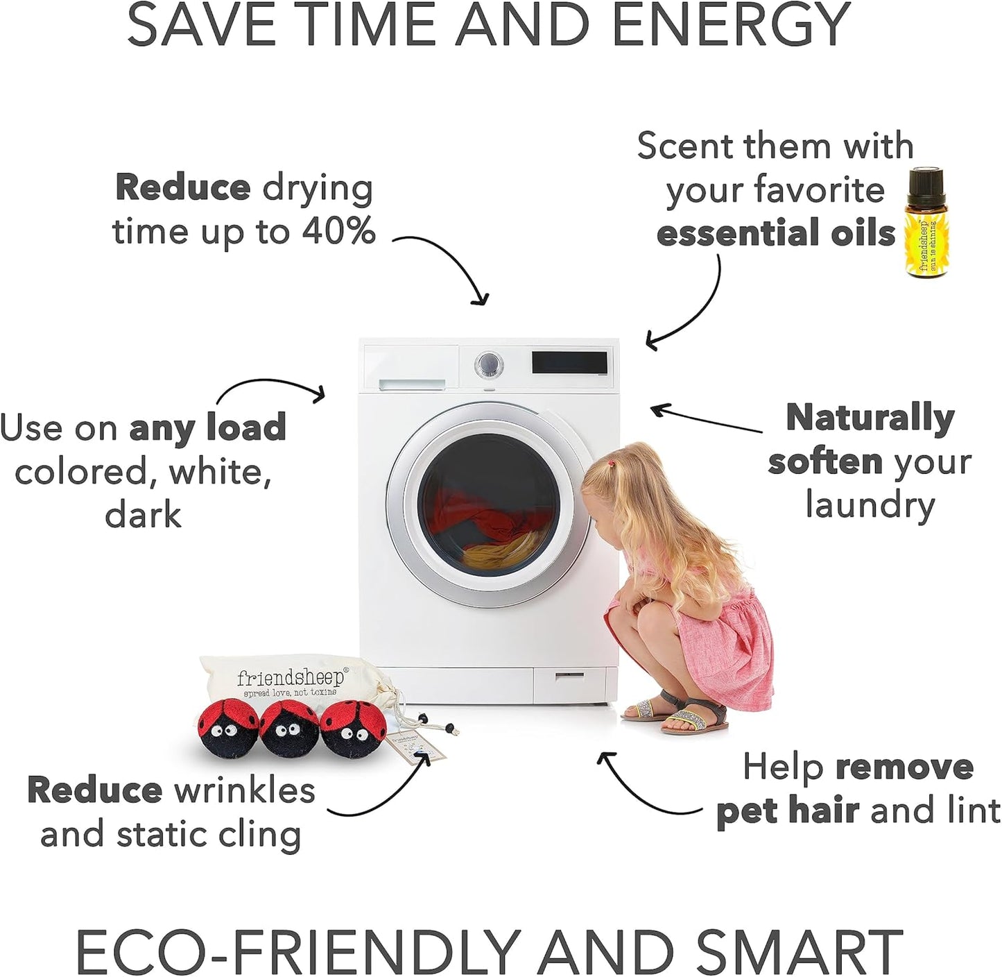 Friendsheep Wool Dryer Balls, Organic Reusable Fabric Softener Alternative for Laundry, Handmade, Fair Trade, Hypoallergenic, Eco-Friendly, Plastic-Free (3 Pack XL – Ladybug)