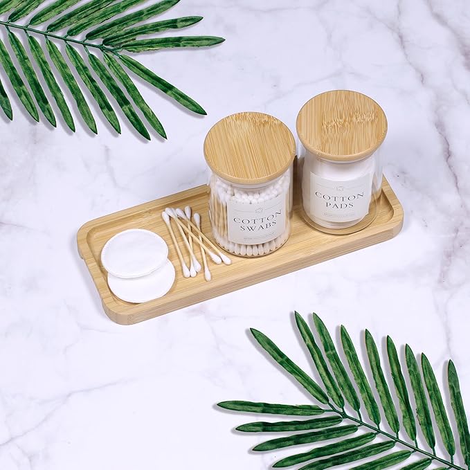 Qtip Holder with Vanity Tray - 3 Pack Glass Apothecary Jars with Lids, Cotton Ball Swab Pad Floss Pick Holder, Bathroom Organizers Jars Containers Canisters Accessories Set