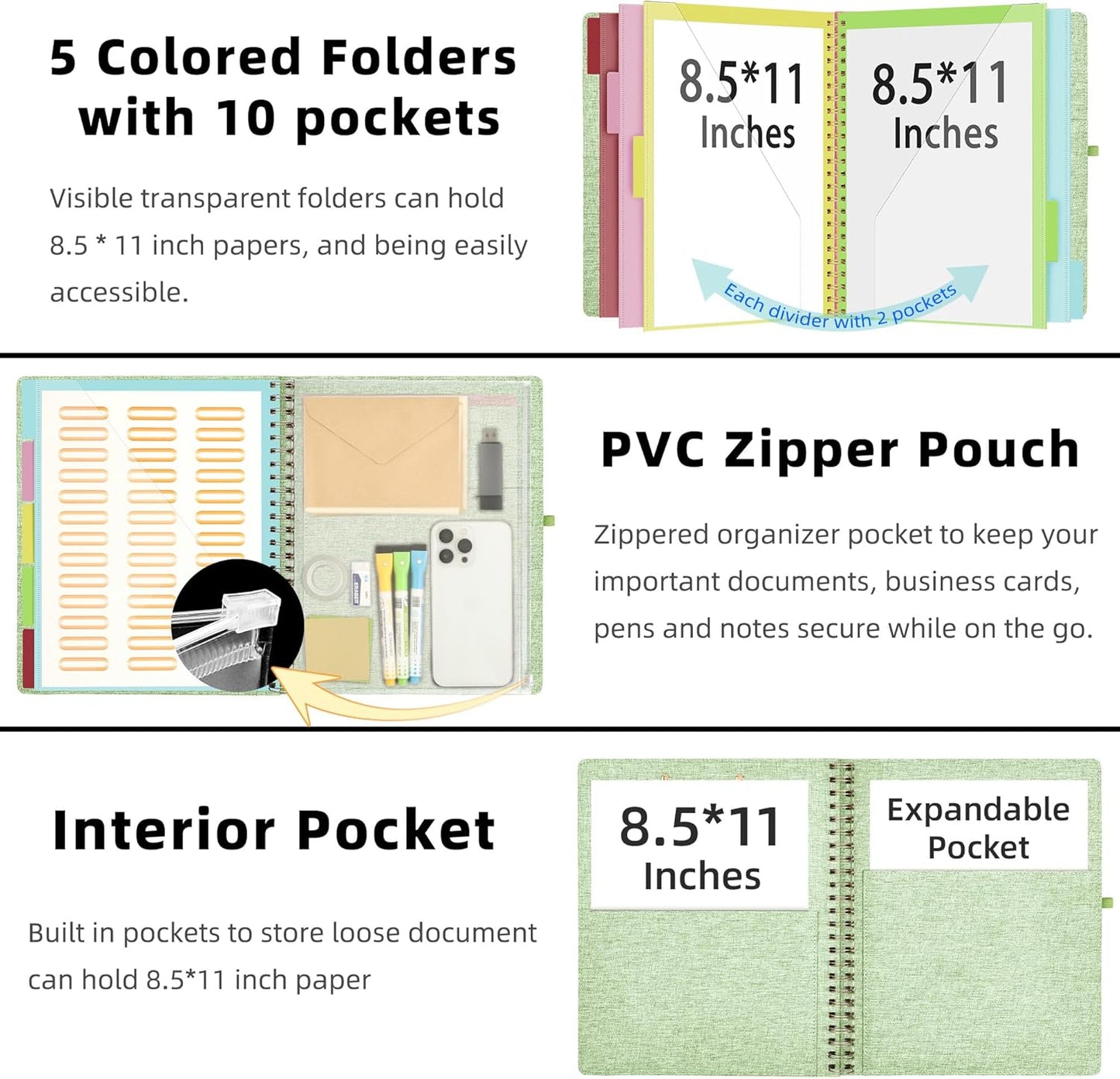 Ospelelf Green Foldable Spiral Clipboard Folio with Storage Zipper Pouch, 5 Plastic Folders with 10 Pockets, Refillable Lined Notepad (11" x 8.5"), Linen Hardcover Project Organizer