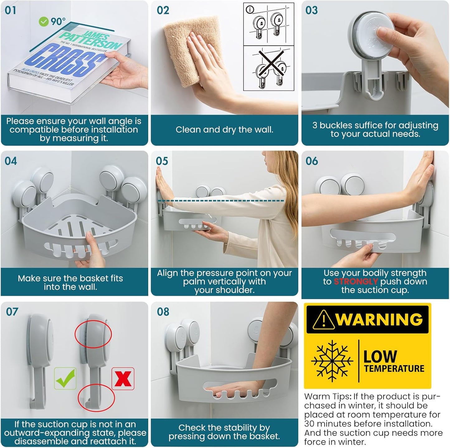 TAILI Suction Corner Shower Caddy, Bathroom Shower Shelf Storage Basket Wall Mounted Organizer for Shampoo, Conditioner, Plastic Rack for Kitchen & Bathroom, Drill-Free Removable (2 Pack)-Grey
