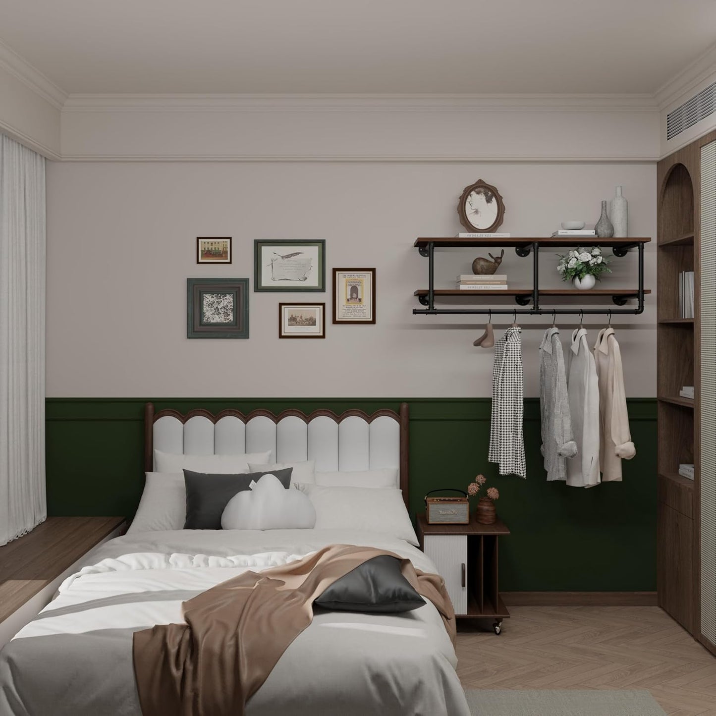 Wall Mounted Clothes Rack 12 Inch Deep, 48 Inch Heavy Duty Garment Rack with Real Walnut Wood Shelf, Multi-Purpose Hanging Rod & Space-Saving Closet Storage Organizer