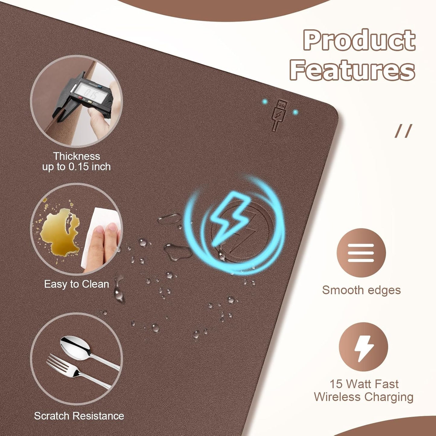 Wireless Charging Mouse Pad Firelison 2 in 1 Leather Multifunctional Office Desk Pad with Non-Slip Rubber Base, Waterproof Desk pad for Computers/Office/Work/Home/Decor（ 36" x 17"Brown - R）