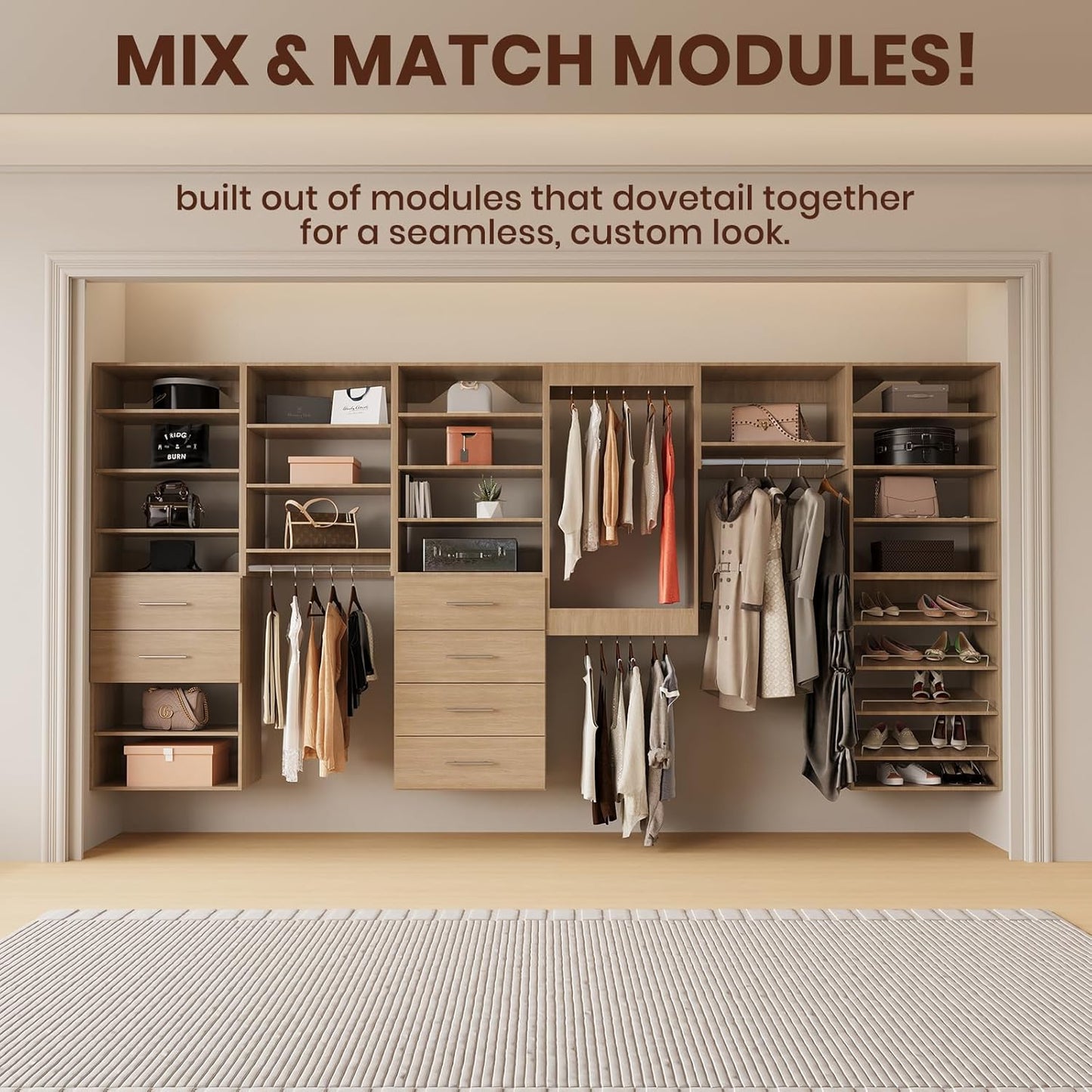 ROOMTEC 19.5" Medium Hanging Closet Unit, Modular Closet System with Hanging Rod, Wardrobe Organizer for Bedroom or Walk-in Closet, Wall Mounted, Customizable Clothes Storage Unit, Wood