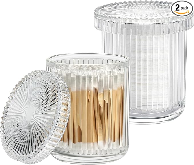 Glass Qtip Holder with Lid,Bathroom Organizer and Storage Jars - Apothecary Jars for Cotton Balls, Cotton Swabs,Pads,Floss Picks,Vanity Organizer,Bathroom Accessories and Countertop Storage Canisters