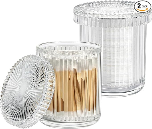 Glass Qtip Holder with Lid,Bathroom Organizer and Storage Jars - Apothecary Jars for Cotton Balls, Cotton Swabs,Pads,Floss Picks,Vanity Organizer,Bathroom Accessories and Countertop Storage Canisters