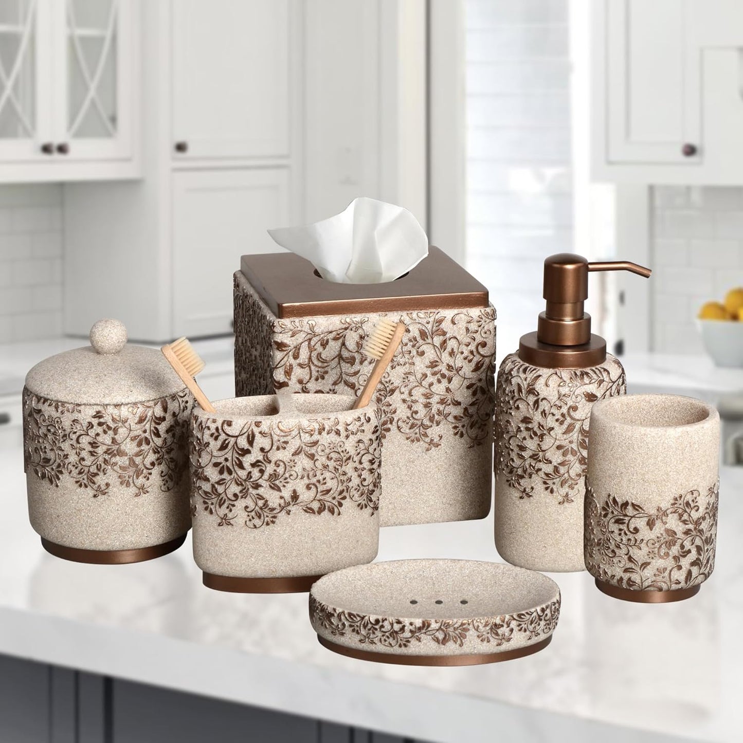 Decozen Bathroom Accessories Set - 6-Piece Modern Bathroom Decor, Countertop Essentials with Soap Dispenser - Birthday Gifts, Beige