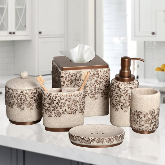 Decozen Bathroom Accessories Set - 6-Piece Modern Bathroom Decor, Countertop Essentials with Soap Dispenser - Birthday Gifts, Beige