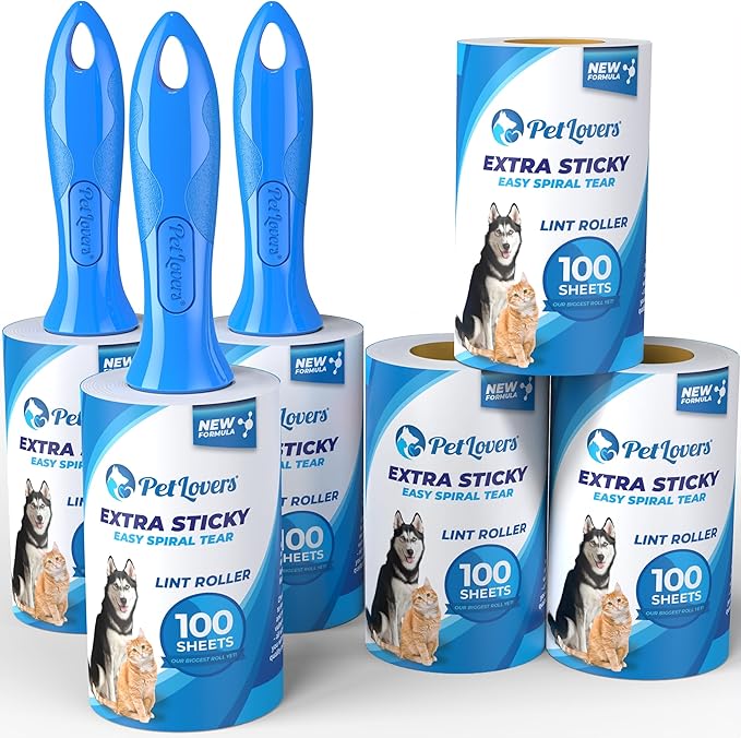 PetLovers Extra Sticky Lint Roller Mega Value Set 600 Sheets for Pet Hair Removal, Dog and Cat Lint Remover 6 Pack