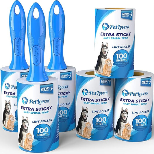 PetLovers Extra Sticky Lint Roller Mega Value Set 600 Sheets for Pet Hair Removal, Dog and Cat Lint Remover 6 Pack