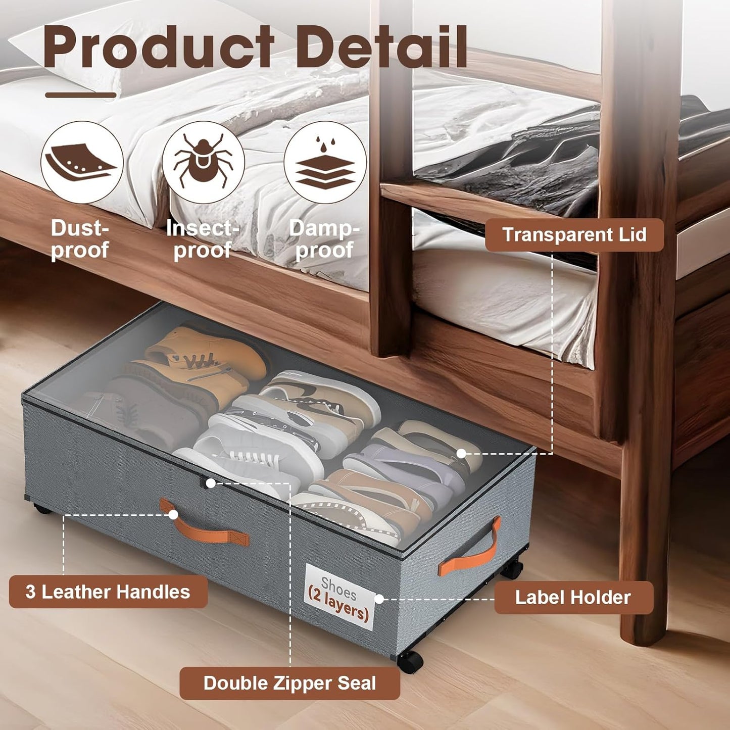 Under Bed Storage Containers with Wheels, 9.5 inches Higher Underbed Shoes Blankets Clothes Toy Storage Drawers for College Dorms Bedrooms Nursery Rooms Organization, 2 Pack to be Assembled