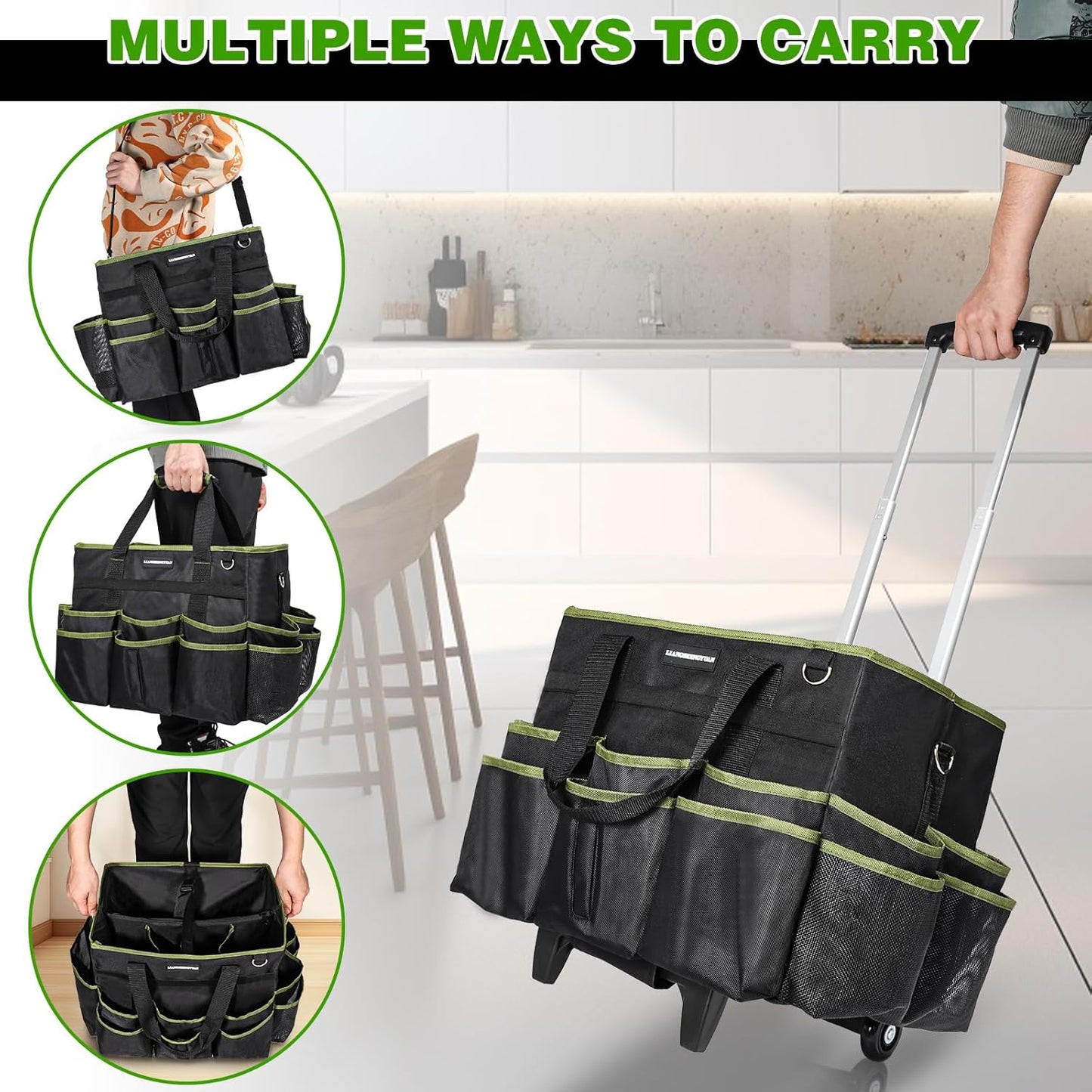 Large Rolling Cleaning Caddy Bag, Cleaning Caddy with Wheels with Detachable Trolley for Housekeepers, Water Resistant Cleaner Supplies Organizer with Wheels for Kitchen, Car, Picnic(Black-Green)