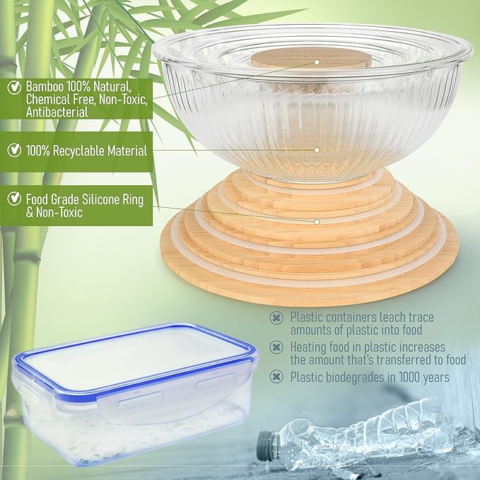 Stackable Space-Saving Set of 5 Nesting Glass Bowls with Bamboo Lids for Foodprep, Storage, Baking, Mixing & Cooking, Microwave & Oven Safe BPA Free Heat Resistant Inert Borosilicate Glass