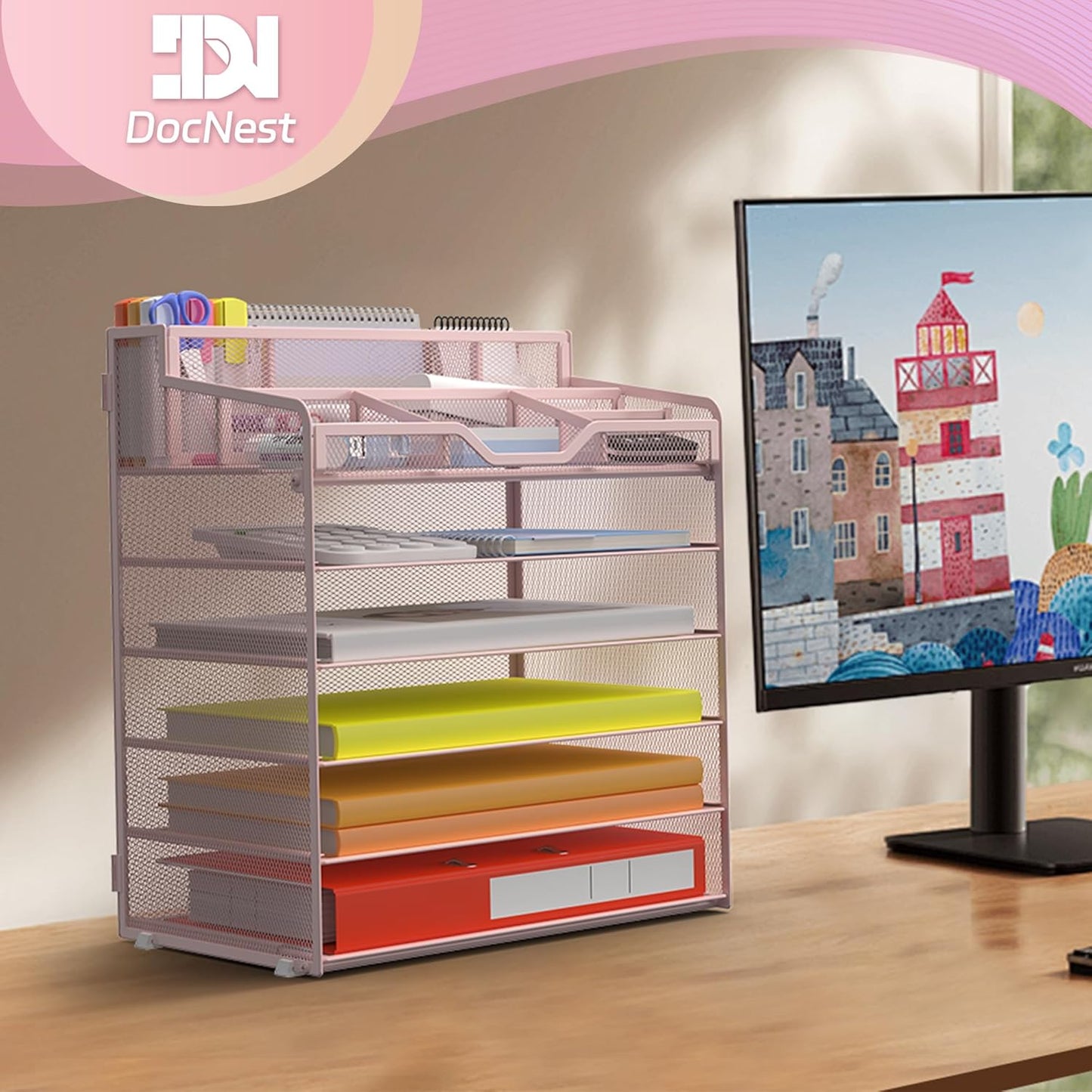 Docnest 6 Tier Mesh Desk Organizer for Paper Office Supplies – Multi-Functional Letter Tray with 5 Adjustable Compartments, 3 Pen Holders, Desktop Storage for Files, Mail, Stationery – Pink