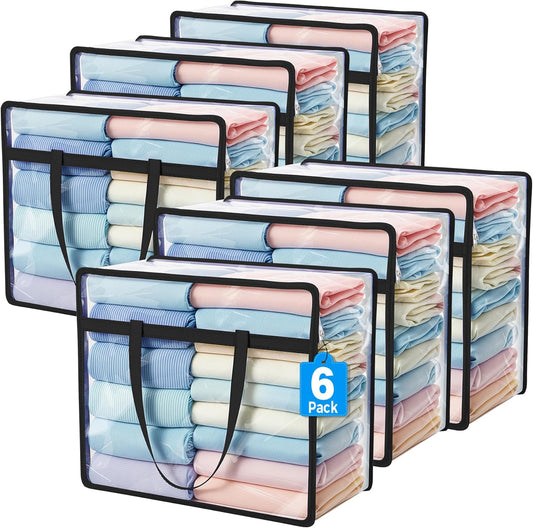 Budding Joy 6 Pack Clear Zippered Storage Bags for Clothes,40L Closet Organizers and Storage Containers Vinyl Moving Bag for Bedding, Linen, Blankets, Comforters, Clothing & Toys, Black