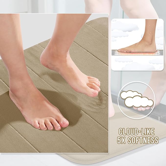 Yimobra Memory Foam Bath Mat, Super Soft Absorbent Bathroom Rug Non Slip, Quick Dry, Machine Washable Floor Carpet for Tub Shower, Home Decor Accessories, 24x17, Pale Khaki