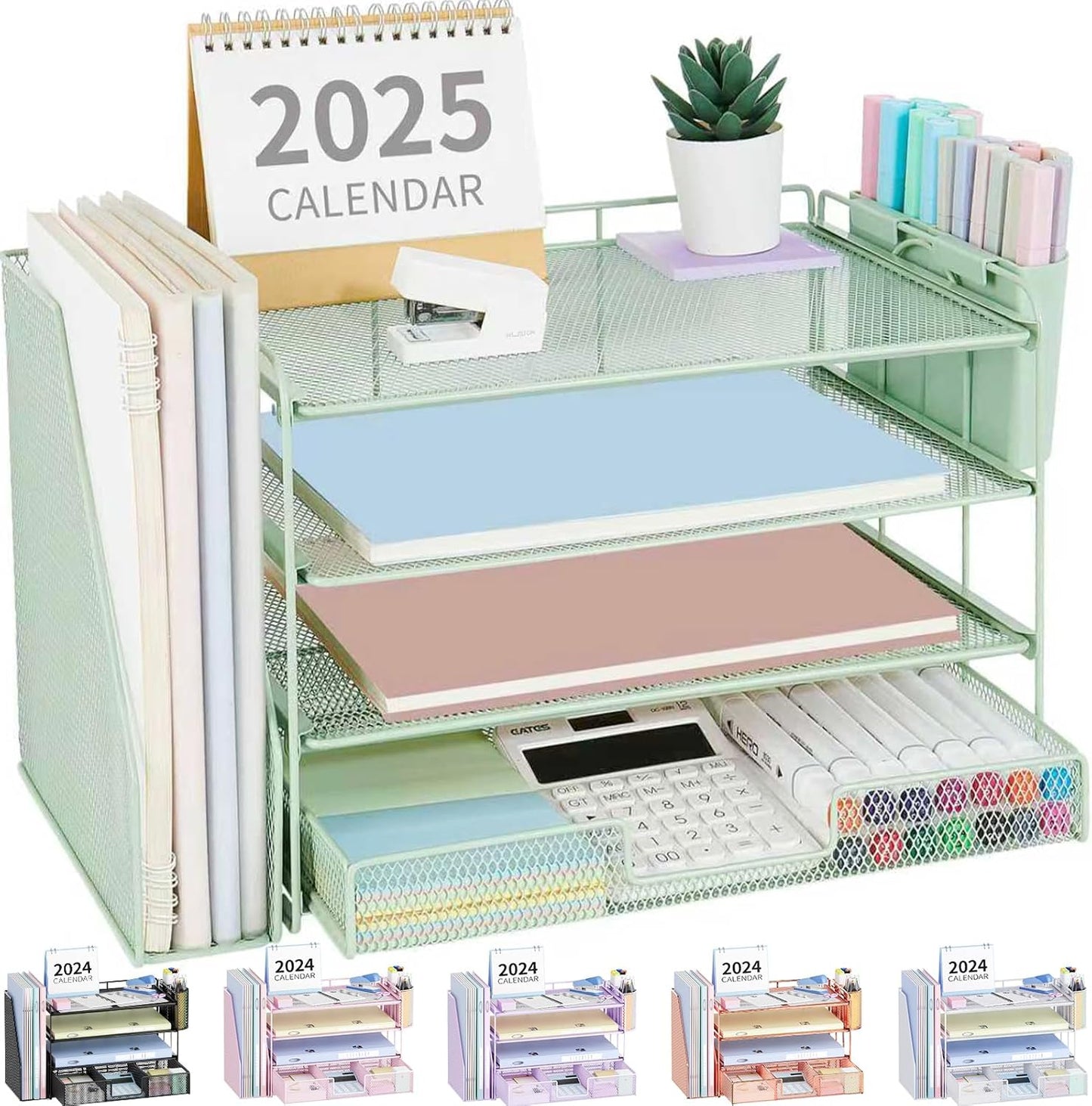 Desk Organizer and Accessories, 4-Tier Desktop File Organizer with Drawer and 2 Pen Holders, Office Desk Accessories, File Sorters, Workspace Organizers for Office Supplies(Green)