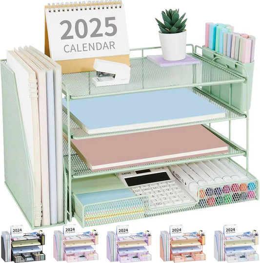 Desk Organizer and Accessories, 4-Tier Desktop File Organizer with Drawer and 2 Pen Holders, Office Desk Accessories, File Sorters, Workspace Organizers for Office Supplies(Green)