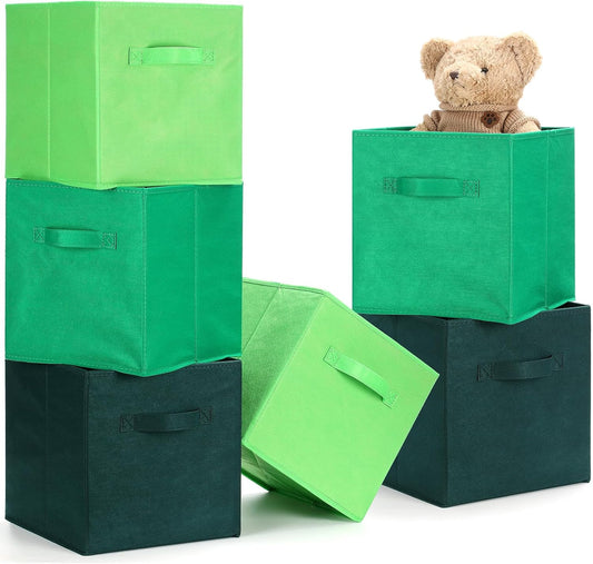 Karenhi 11" x 10. 5" x 10. 5" Green Storage Cube, 6 Pack Fabric Cube Storage Bins Organizer Box, Collapsible Baskets with Handles Foldable Shelf for Cloth Toys Home Room Closet, Pack of 6