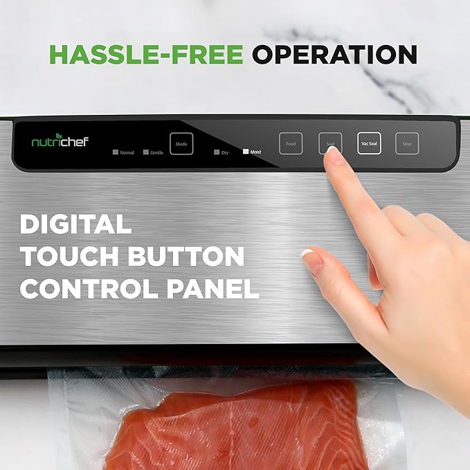 NutriChef Food Vacuum Sealer Machine, Stainless Steel Automatic Air Sealing System for Dry/Moist Foods, LED Touch Controls, Includes Vacuum Hose, Bag Roll and Wine Stopper, 110W Suction Power, 14"x6"